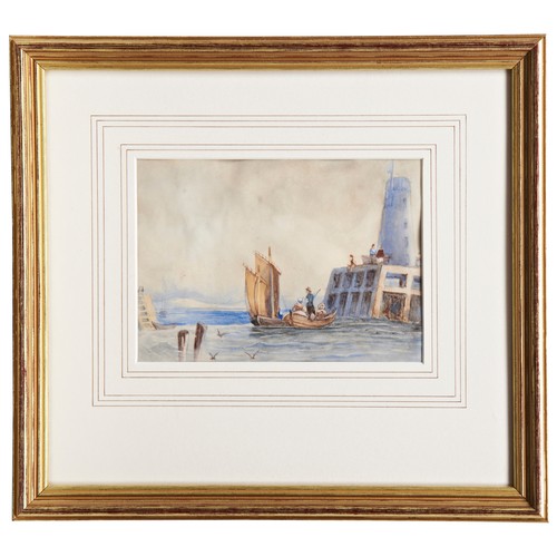 246 - DAVID WILSON, 'RIVER SCENES WITH SHIPPING', a small pair of watercolours and one small English Schoo... 