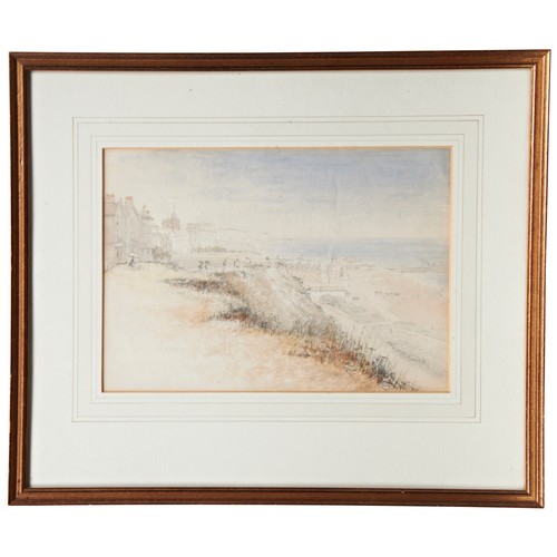 250 - ENGLISH SCHOOL, 'COASTAL TOWN CLIFF VIEW' with figures and distant pier, watercolour and pencil.21 x... 