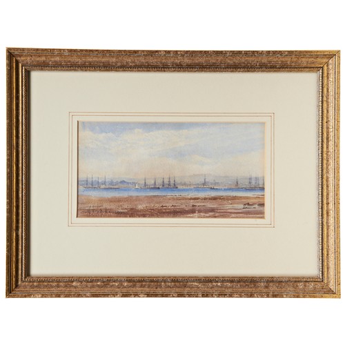 256 - A. STEPHENSON, DISTANT COASTAL ESTUARY VIEW with clippers and steam ships, watercolour, signed in pe... 