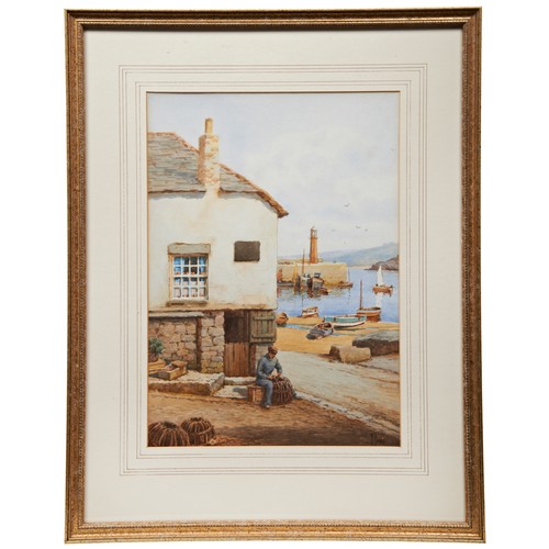 257 - FREDERICK PARR, 'FISHERMAN REPAIRING A LOBSTER POT', probably St. Ives,  watercolour .34 X 24 cmsPRO... 