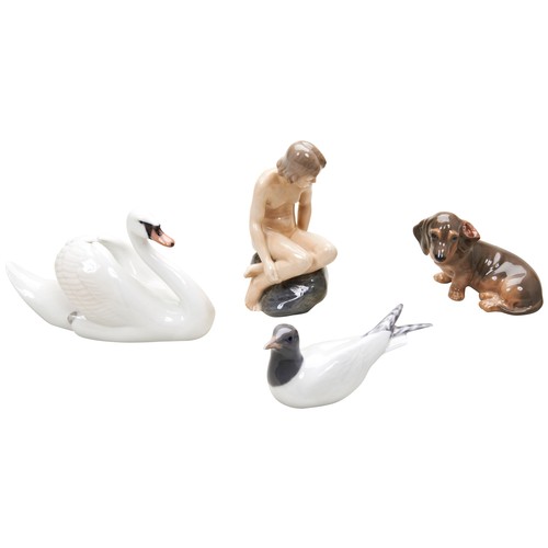 345 - A ROYAL COPENHAGEN SWAN a Dachshund, a tern and a figure of a girl sitting on a boulder.14 cms maxPR... 