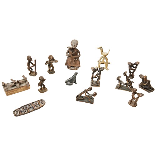 72 - A COLLECTION OF ASHANTI BRONZE FIGURAL GROUPS gold weights and other items. 20th centuryPROVENANCE: ... 