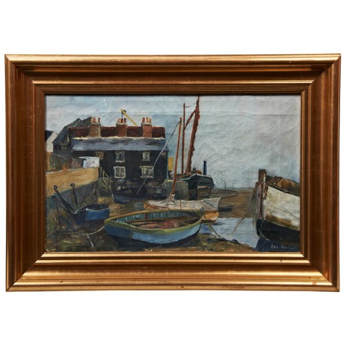 243 - NAIVE SCHOOL, ANN HARLEY, FISHING HARBOUR, oil on canvas, J. Vigors, Shoreham at Low Tide, oil on  b... 