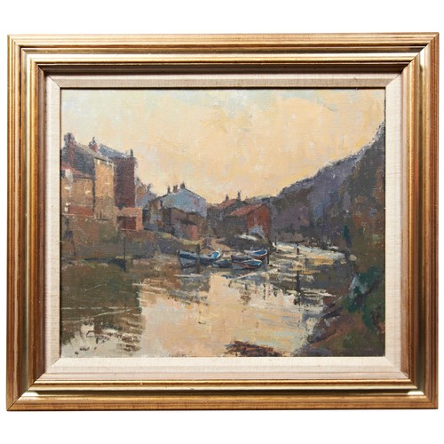 254 - RAYMOND M. ROGERS, RIVER SCENE with boats and buildings, oil on canvas, signed.49 x 59 cmsPROVENANCE... 