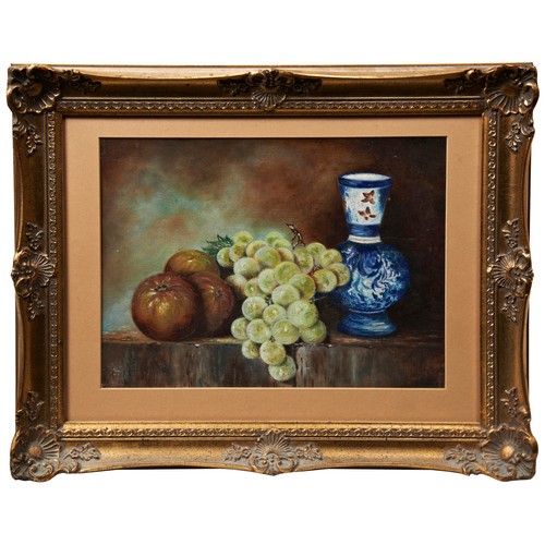 263 - STILL LIFE OF FRUIT WITH A VASE, oil on board, early 20th century and two other small early 20th cen... 