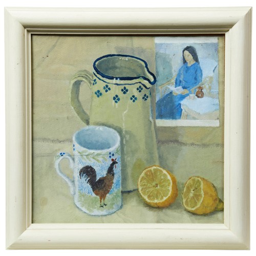 264 - STILL LIFE OF A CERAMICS AND A LEMON, 20th century, oil on board and two oil still lives of fruits.3... 