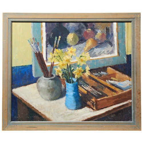 265 - STILL LIFE OF DAFODILLS IN A VASE and artists materials, oil on board, unsigned, and two other flora... 