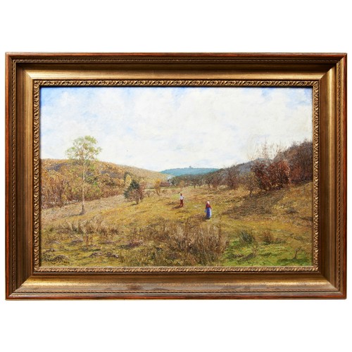 270 - FIGURES IN A LANDSCAPE, oil on canvas, late 19th/early 20th century; J. Vigurs, ‘View from Bury’, oi... 