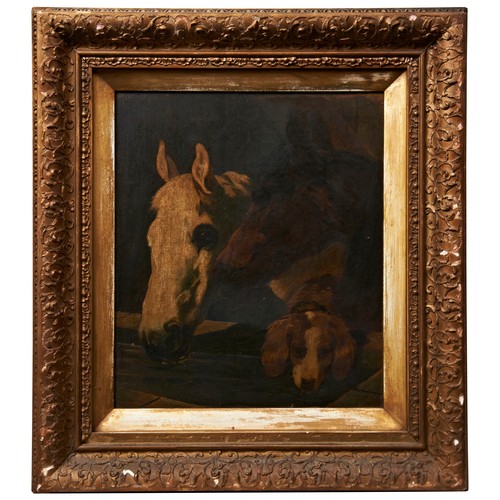 272 - ENGLISH SCHOOL, THE HEADS OF TWO HORSES AND A DOG, oil on canvas, late 19th century. (old Sothebys P... 