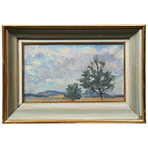 273 - ENGLISH SCHOOL, TREES IN A LANDSCAPE, oil on board, 20th century, a building portico, oil on board a... 