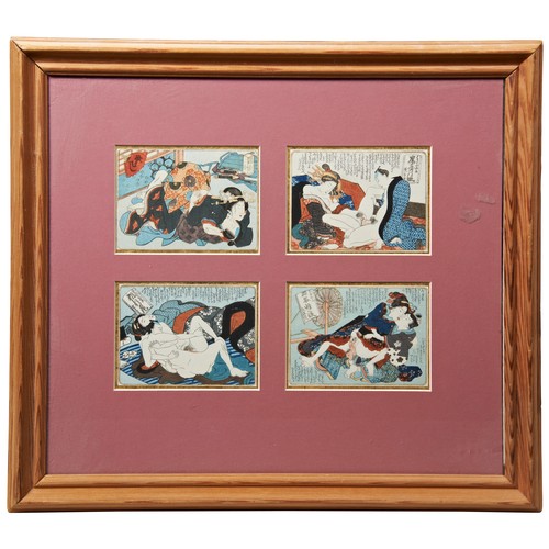 294 - AFTER UTAGAWA HIROSHIGE, EROTIC SHUNGA WOODBLOCK, (centrally joined) a group of four framed Shunga p... 