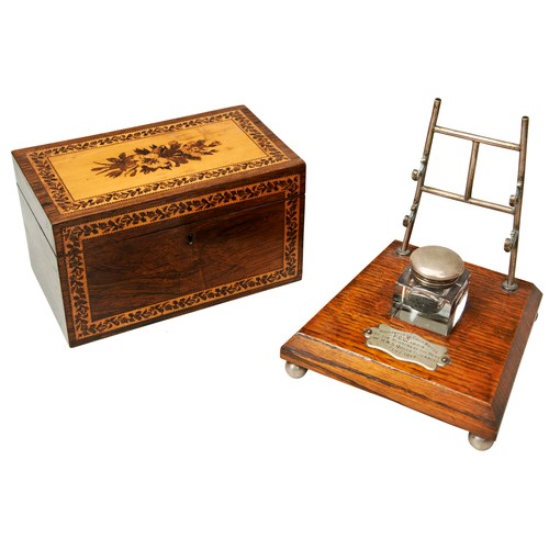 366 - A VICTORIAN TUNBRIDGE WARE TEA CADDY with floral lid and a desk-top inkwell and pen stand with plaqu... 