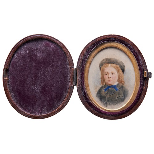 296 - MINIATURE SIDE-PROFILE PORTRAIT OF A VICTORIAN LADY in a gilded metal oval frame with a ribbon tied ... 