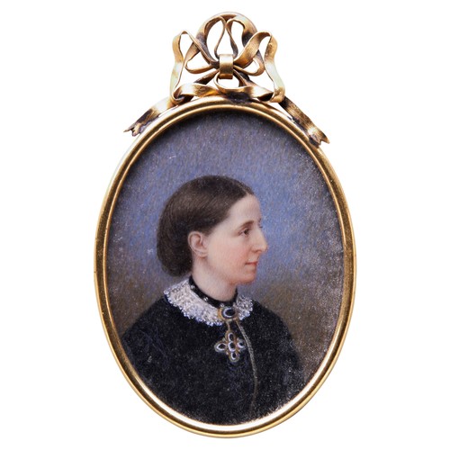 296 - MINIATURE SIDE-PROFILE PORTRAIT OF A VICTORIAN LADY in a gilded metal oval frame with a ribbon tied ... 