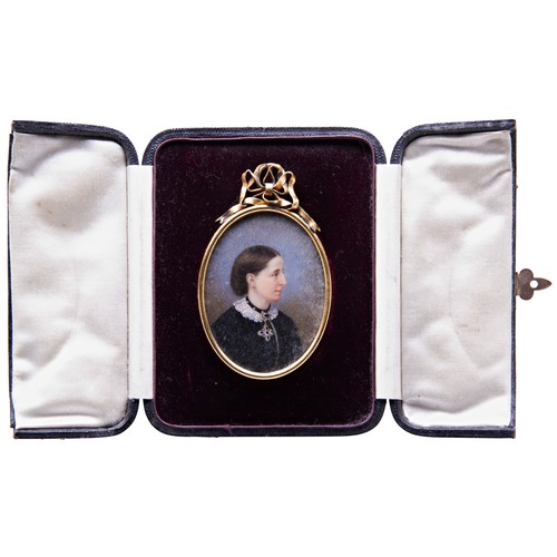 296 - MINIATURE SIDE-PROFILE PORTRAIT OF A VICTORIAN LADY in a gilded metal oval frame with a ribbon tied ... 