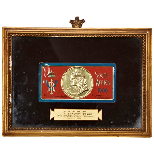 413 - A BOER WAR CHOCOLATE TIN mounted in a velvet lined gilt frame surmounted by a gesso crown and mounte... 