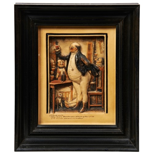 370 - A GROUP OF FOUR ARTHUR OSBORNE IVOREX WALL PLAQUES depicting various scenes from Mr Pickwick, framed... 