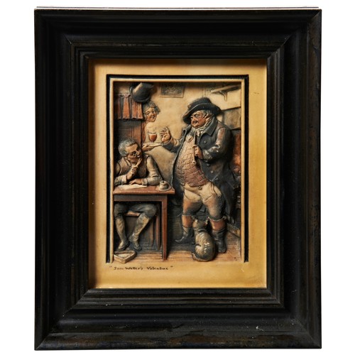 370 - A GROUP OF FOUR ARTHUR OSBORNE IVOREX WALL PLAQUES depicting various scenes from Mr Pickwick, framed... 