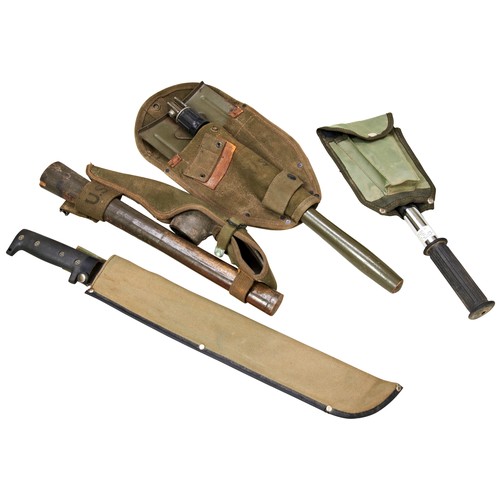 407 - A US ARMY PICK AXE a US 1956 Harrier Intrenching Tool and axe and a macheteNote: These bladed produc... 