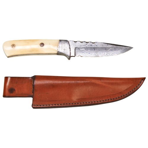 404 - A MAAN DAMASCUS STEEL HUNTING KNIFE WITH MARINE IVORY HANDLE and leather sheath.23.5 cms longNote: T... 