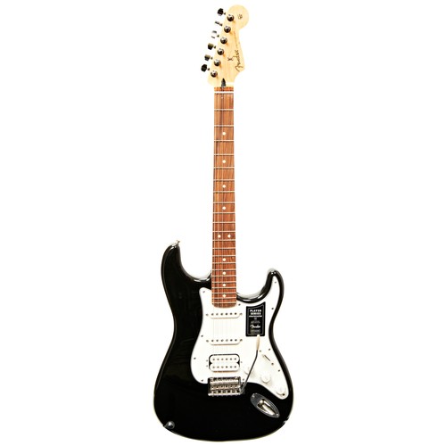 532 - A FENDER PLAYER STRATOCASTER HSS in black with rosewood fretboard, tremolo arm, fender strap an... 