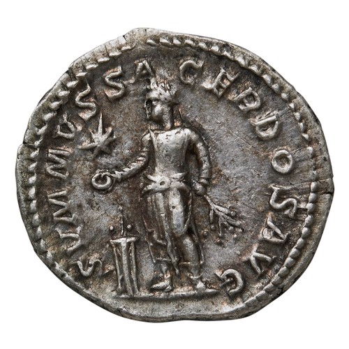 547 - ELAGABALUS (218-222) AR DENARIUS Invictvs Sacerdos Avg, the emperor standing over an altar with bran... 