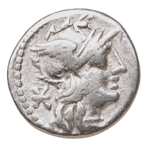 548 - MINUCIA AR DENARIUS ROMAN REPUBLIC 134 BC, with head of Roma and the monuments outside the Pota Trig... 