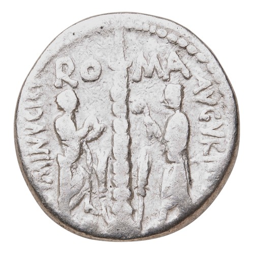 548 - MINUCIA AR DENARIUS ROMAN REPUBLIC 134 BC, with head of Roma and the monuments outside the Pota Trig... 