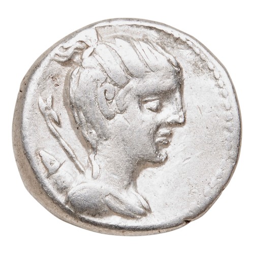 550 - C. POSTIMIUS AR DENARIUS, ROMAN REPUBLIC 74 BC with bust of Diana and running hound verso and C Post... 