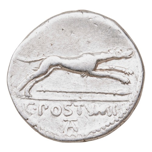 550 - C. POSTIMIUS AR DENARIUS, ROMAN REPUBLIC 74 BC with bust of Diana and running hound verso and C Post... 