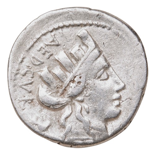 552 - P. FURIUS CRASSIPES AR DENARIUS 84 BC, head of the City of Rome with Curule Chair obverse and CRASSI... 