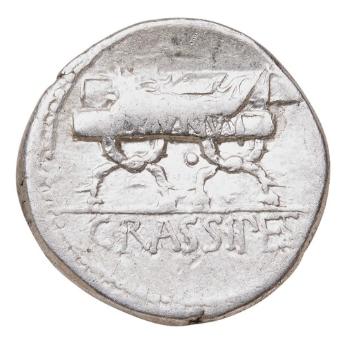 552 - P. FURIUS CRASSIPES AR DENARIUS 84 BC, head of the City of Rome with Curule Chair obverse and CRASSI... 