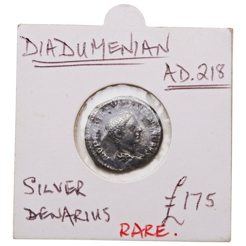 568 - A RARE DIADUMENIAN (217-218) AR DENARIUS holding a rod and sceptre with two standardsPROVENANCE: A G... 