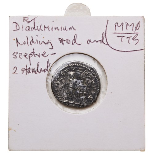 568 - A RARE DIADUMENIAN (217-218) AR DENARIUS holding a rod and sceptre with two standardsPROVENANCE: A G... 