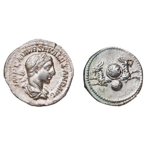 569 - VESPASIAN (69-79) AR DENARIUS with shield and SC supported by rams and a Severus Alexander (222-235)... 