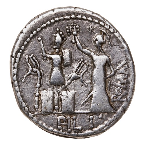 573 - M FURIUS L.F. PHILUS AR DENARIUS Janus head and Roma standing.PROVENANCE: A Good Private Collection ... 