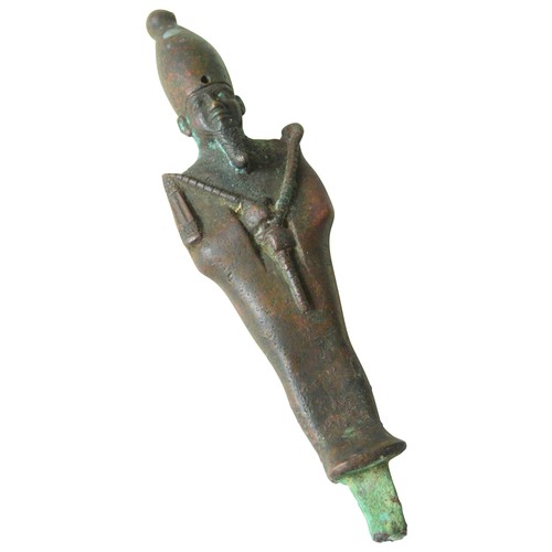 470 - AN EGYPTIAN MUMMIFORM BRONZE OSIRIS FIGURE, LATE PERIOD with atef Crown, hole for the uraeus, false ... 