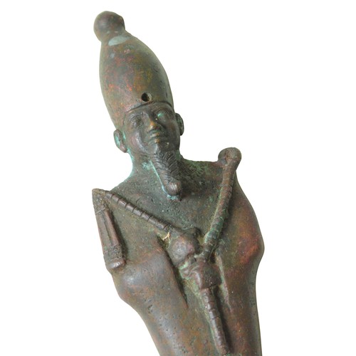 470 - AN EGYPTIAN MUMMIFORM BRONZE OSIRIS FIGURE, LATE PERIOD with atef Crown, hole for the uraeus, false ... 