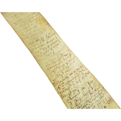 492 - A 17TH CENTURY VELLUM SCROLL WITH A SERIES OF FAMILY BIRTHS AND DEATHS written in ink, the earl... 