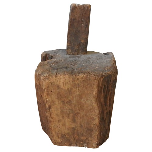 605 - INDONESIAN WOODEN BLOCK MORTAR with circular aperture and side bar52 H X 37 W X 48 D cms