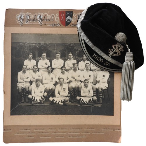 488 - A TEAM PHOTOGRAPH FOR THE ST. PAULS SCHOOL FIRST FIFTEEN 1929-30 together with a silver wire embroid... 