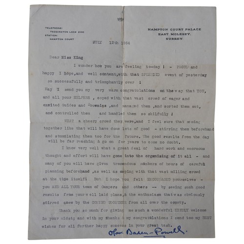 485 - OLAVE BADEN-POWELL 1ST CHIEF GUIDE  1889-1977; AN AUTOGRAPHED TYPED LETTER dated July 12th 1964 cong... 