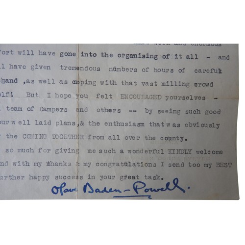 485 - OLAVE BADEN-POWELL 1ST CHIEF GUIDE  1889-1977; AN AUTOGRAPHED TYPED LETTER dated July 12th 1964 cong... 