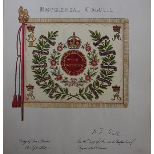 417 - SIR HENRY FARNHAM BURKE KCVO, CB, FSA(1859-1930) a group of five hand painted regimental colours eac... 