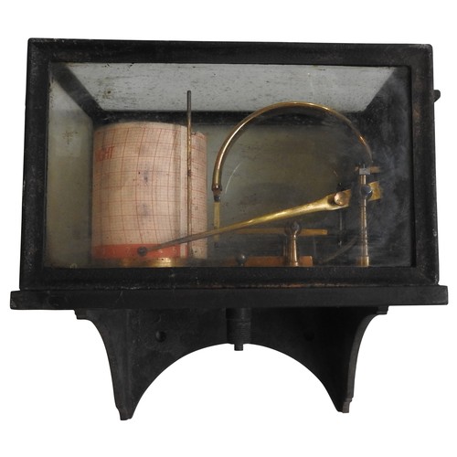 433 - A BRASS BAROGRAPH MOUNTED IN CAST IRON BRACKETED WALL CASE hinged glazed top, marked inside ‘Graduat... 