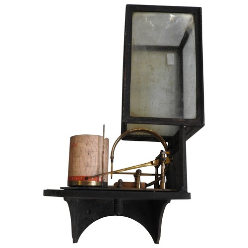 433 - A BRASS BAROGRAPH MOUNTED IN CAST IRON BRACKETED WALL CASE hinged glazed top, marked inside ‘Graduat... 