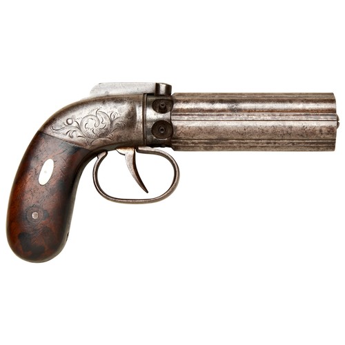 96 - AN ALLEN'S PATENT DOUBLE ACTION SIX SHOT PEPPERBOX PERCUSSION REVOLVER retailed by J.G. Bolen of New... 