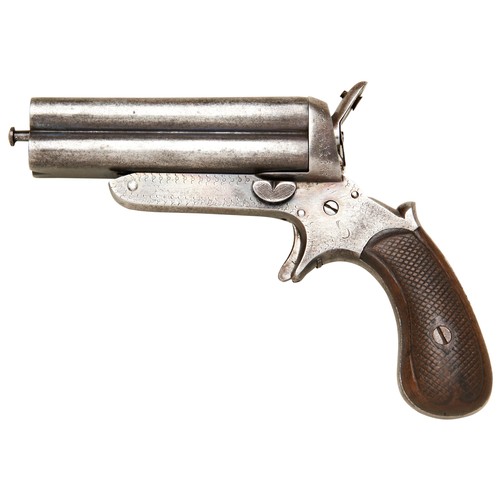 106 - A FOUR BARRELED RIM-FIRE BREECH-LOADING PISTOL BASED ON A SHARPS PATENT hinged barrels, integral pus... 