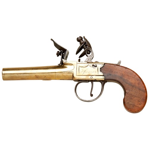 83 - A BRASS FLINTLOCK POCKET PISTOL MARKED SPENCER LONDON with turn-off barrel, steel pan cover,  hammer... 