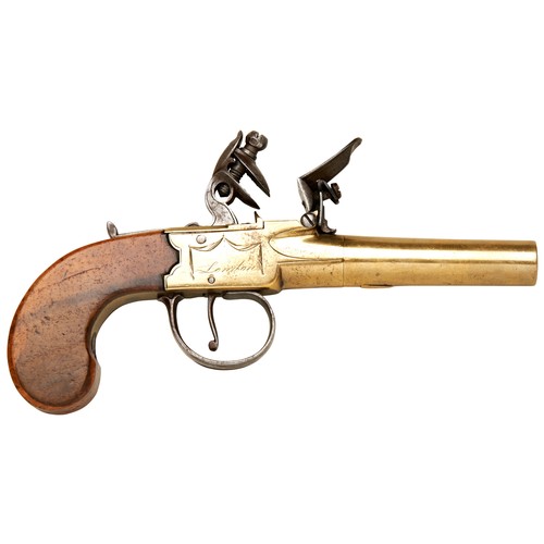 83 - A BRASS FLINTLOCK POCKET PISTOL MARKED SPENCER LONDON with turn-off barrel, steel pan cover,  hammer... 